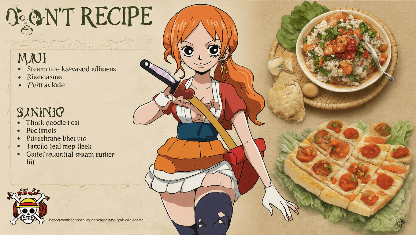 A vibrant display of Nami cosplay from One Piece, showcasing detailed costume elements like her orange hair, blue and white striped shirt, and orange skirt, set against a colorful anime-inspired background.