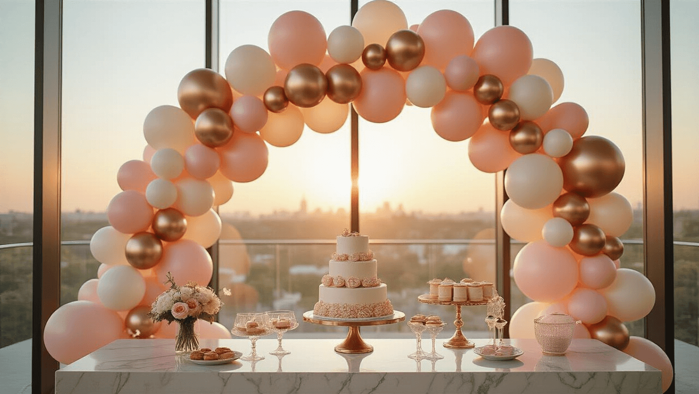 Cinematic wide-angle shot of a blush pink, cream, and rose gold organic balloon arch framing an elegant dessert table in a modern event space during golden hour, with soft sunlight highlighting luxurious balloon textures and sparkling fairy lights.