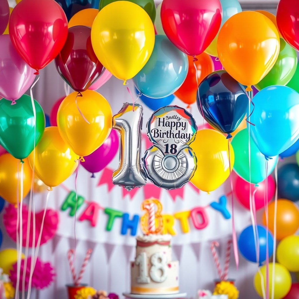 Colorful balloons with a silver '18' balloon for an 18th birthday celebration. Creative Birthday Party Ideas