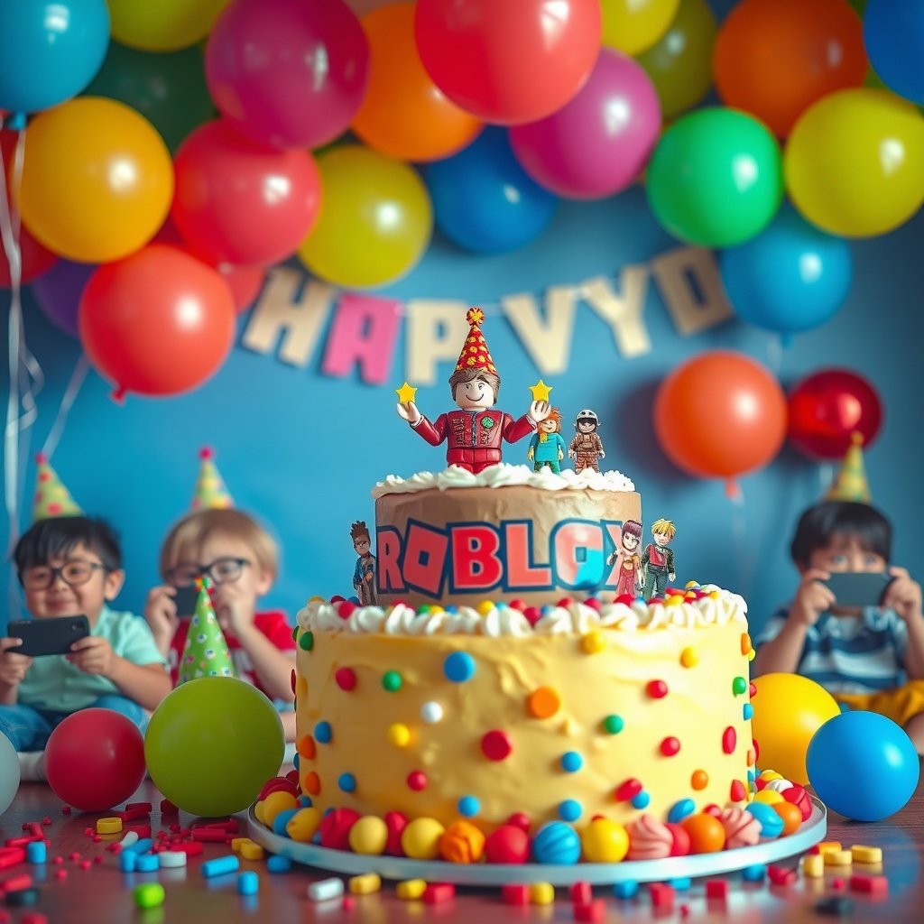 A colorful Roblox birthday party setup with a cake and children celebrating.