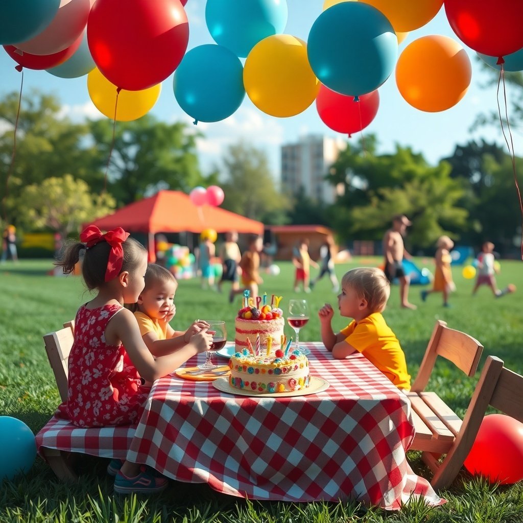 Children enjoying a birthday party outdoors with balloons and cake