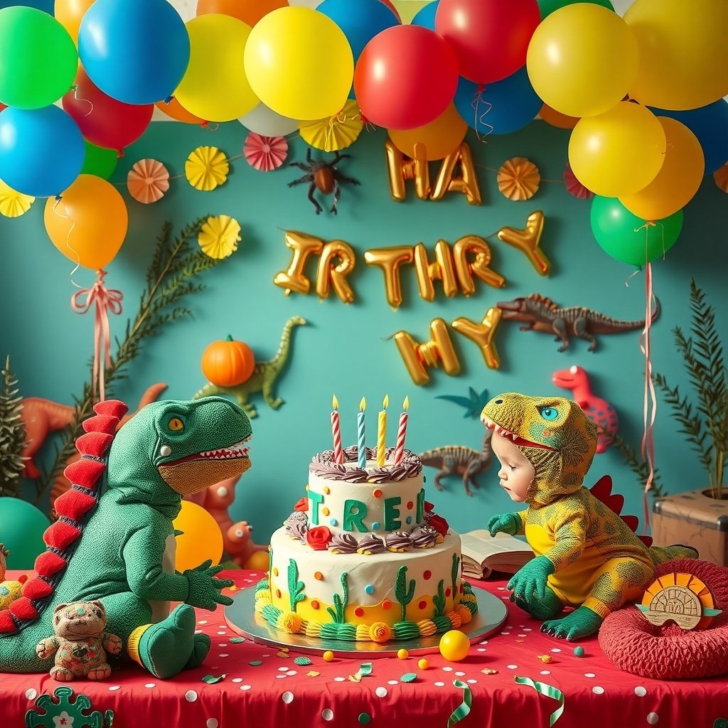 A colorful dinosaur-themed birthday party setup with balloons, a cake, and children in dinosaur costumes.
