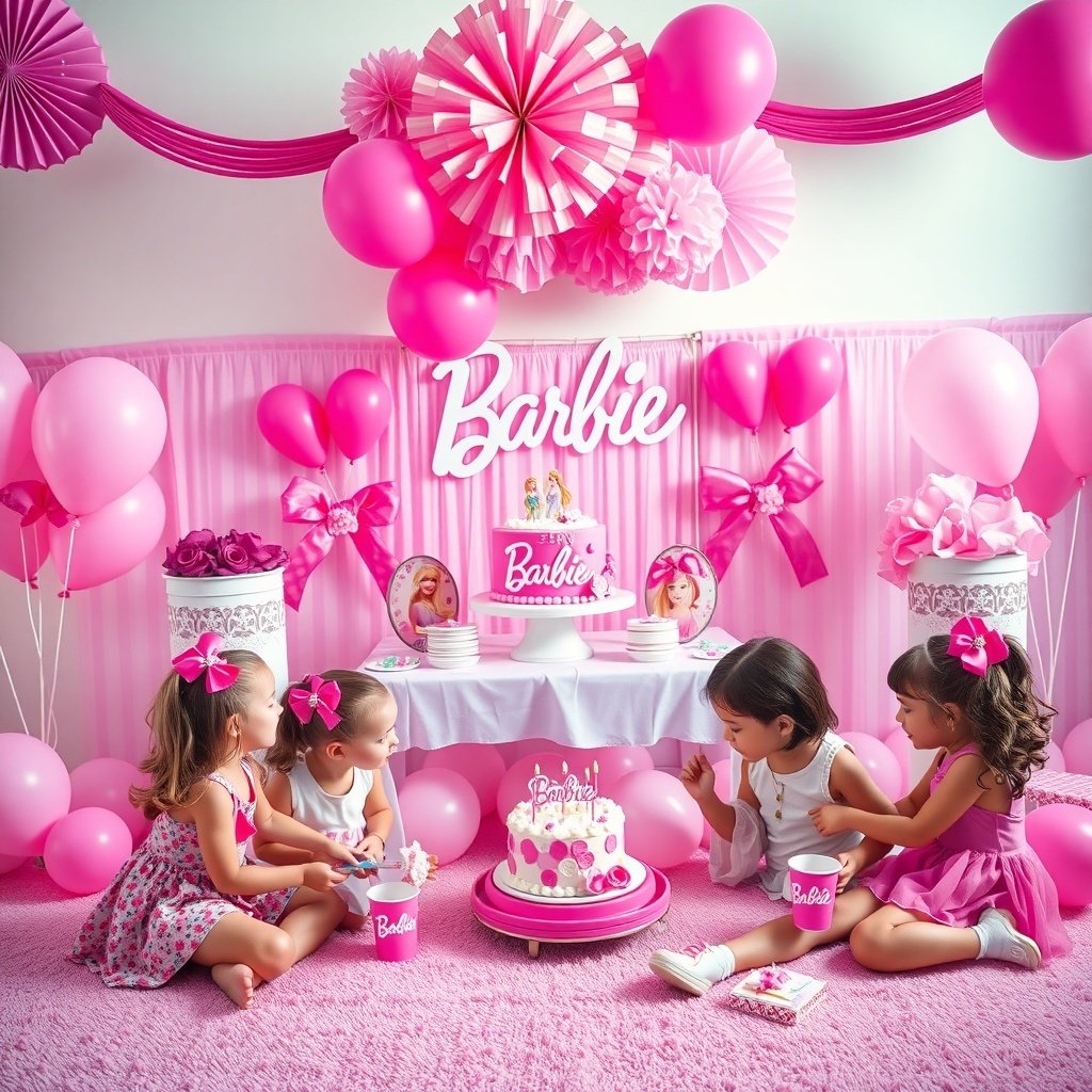 A vibrant Barbie birthday party setup with pink decorations, balloons, and a cake.