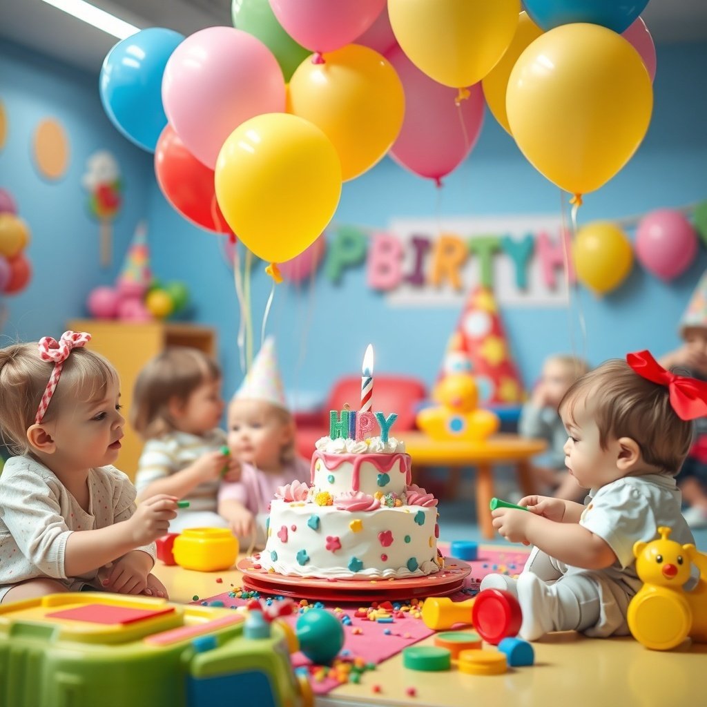 A vibrant toddler birthday party scene with balloons, a cake, and children playing.