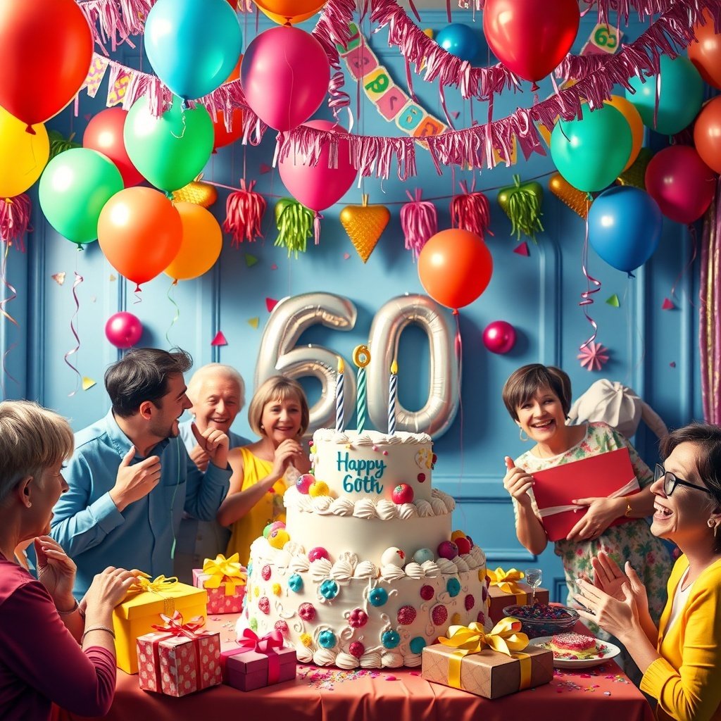 A festive 60th birthday party with balloons, a large cake, and happy guests celebrating together.