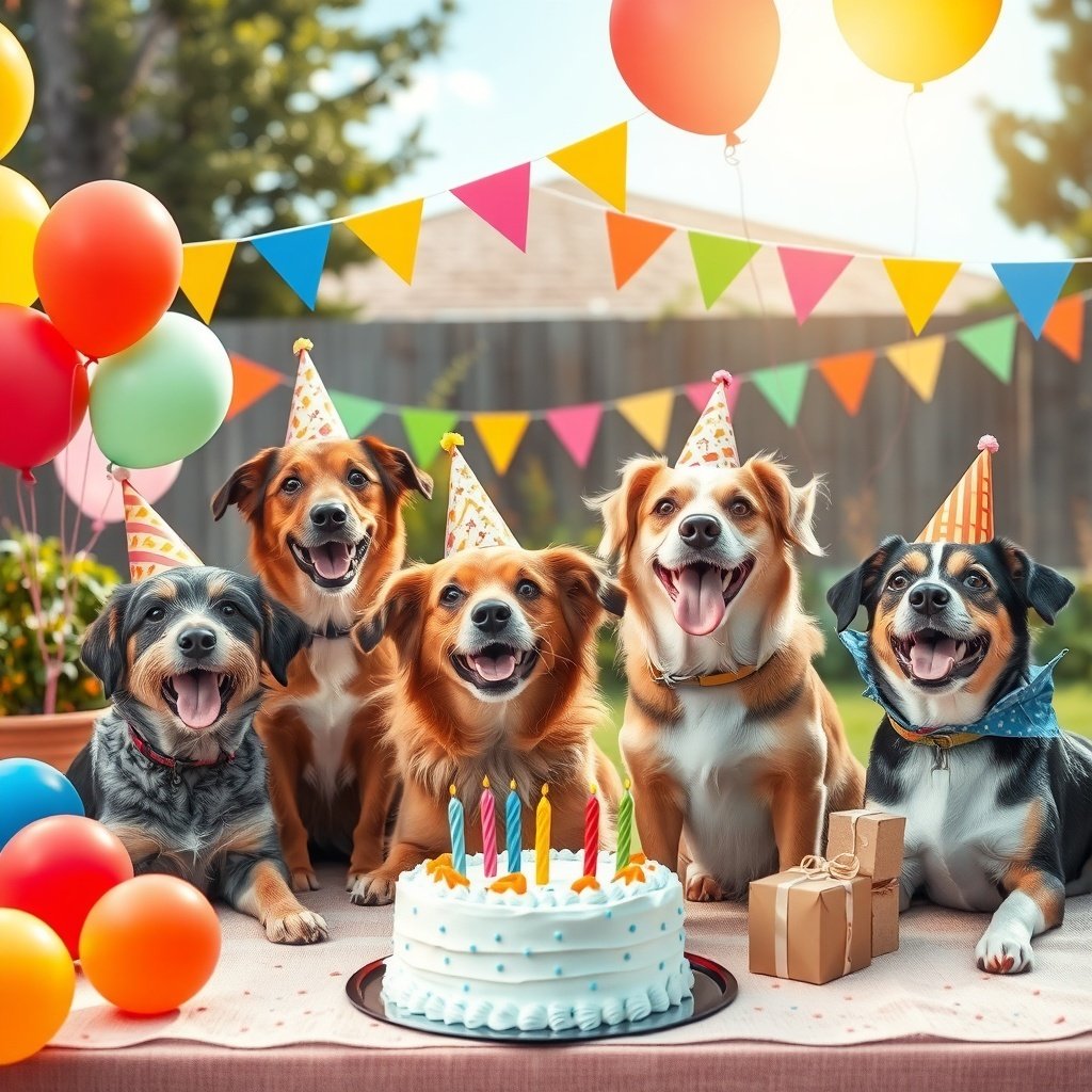 A joyful dog birthday party scene with multiple dogs in party hats, colorful decorations, and a cake.