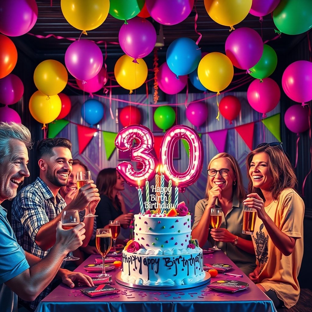 A vibrant 30th birthday party scene with friends celebrating around a cake.