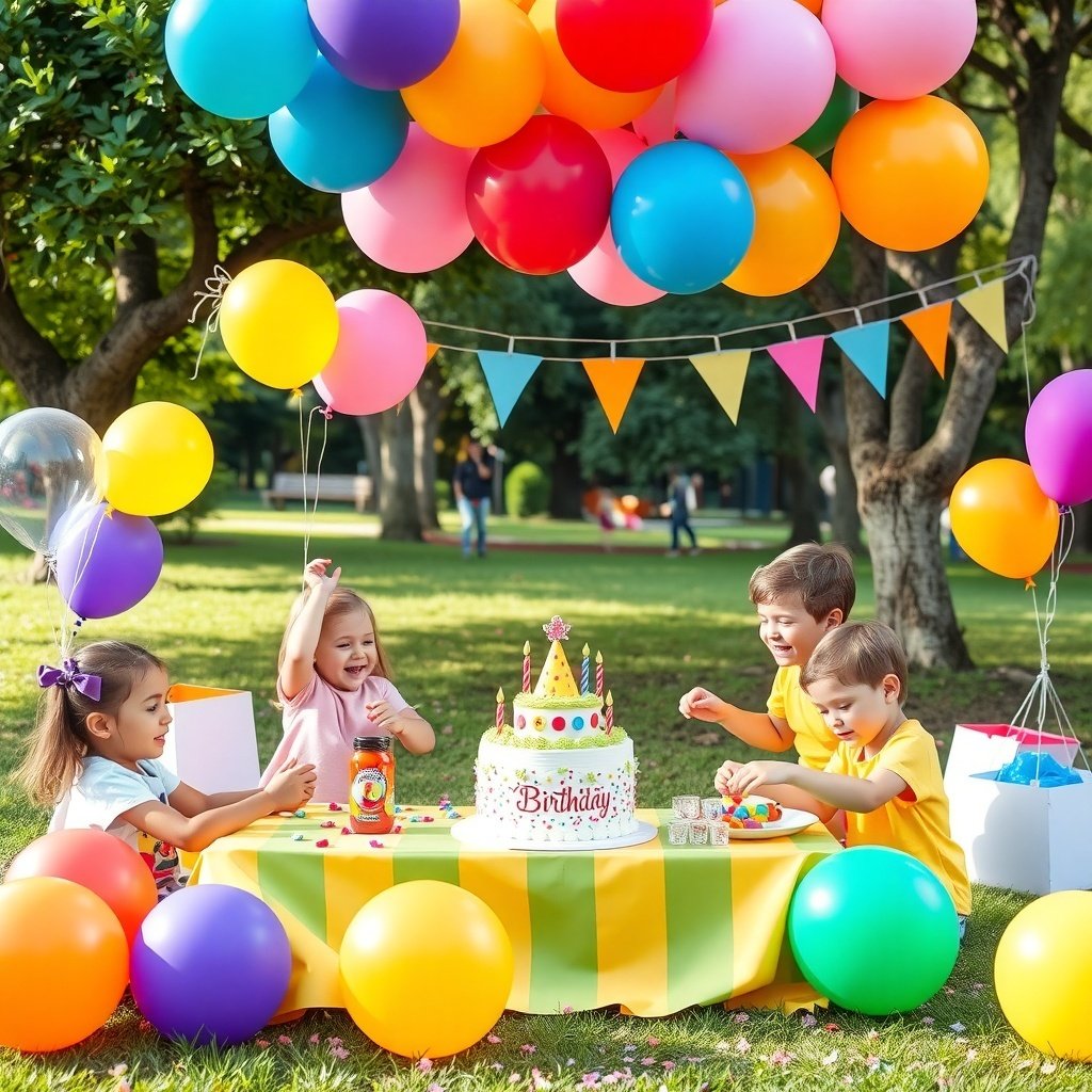 Kids celebrating a birthday party outdoors with balloons, cake, and colorful decorations.