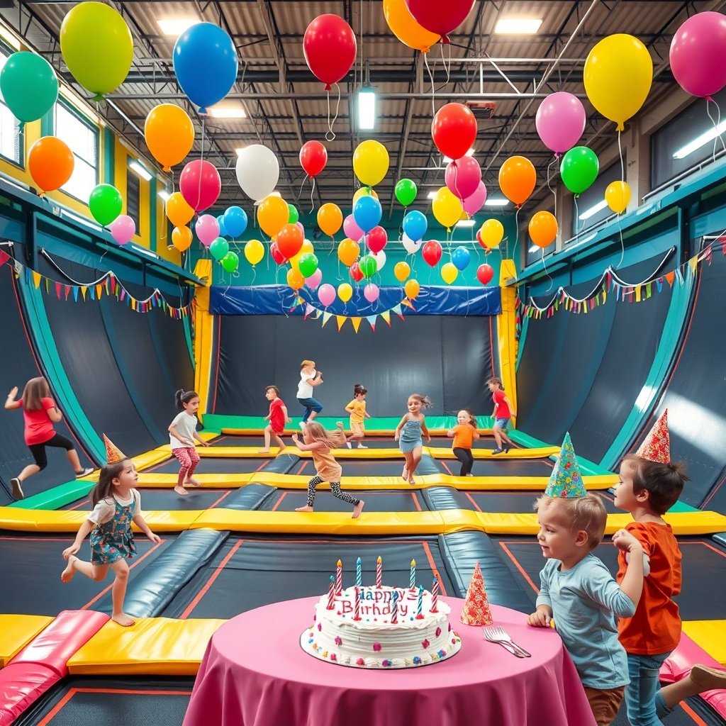 Children enjoying a birthday party at Urban Air with trampolines and colorful decorations.