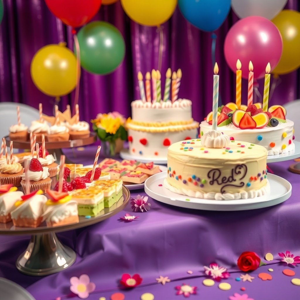 A colorful birthday party food spread with cakes, cupcakes, and balloons.
