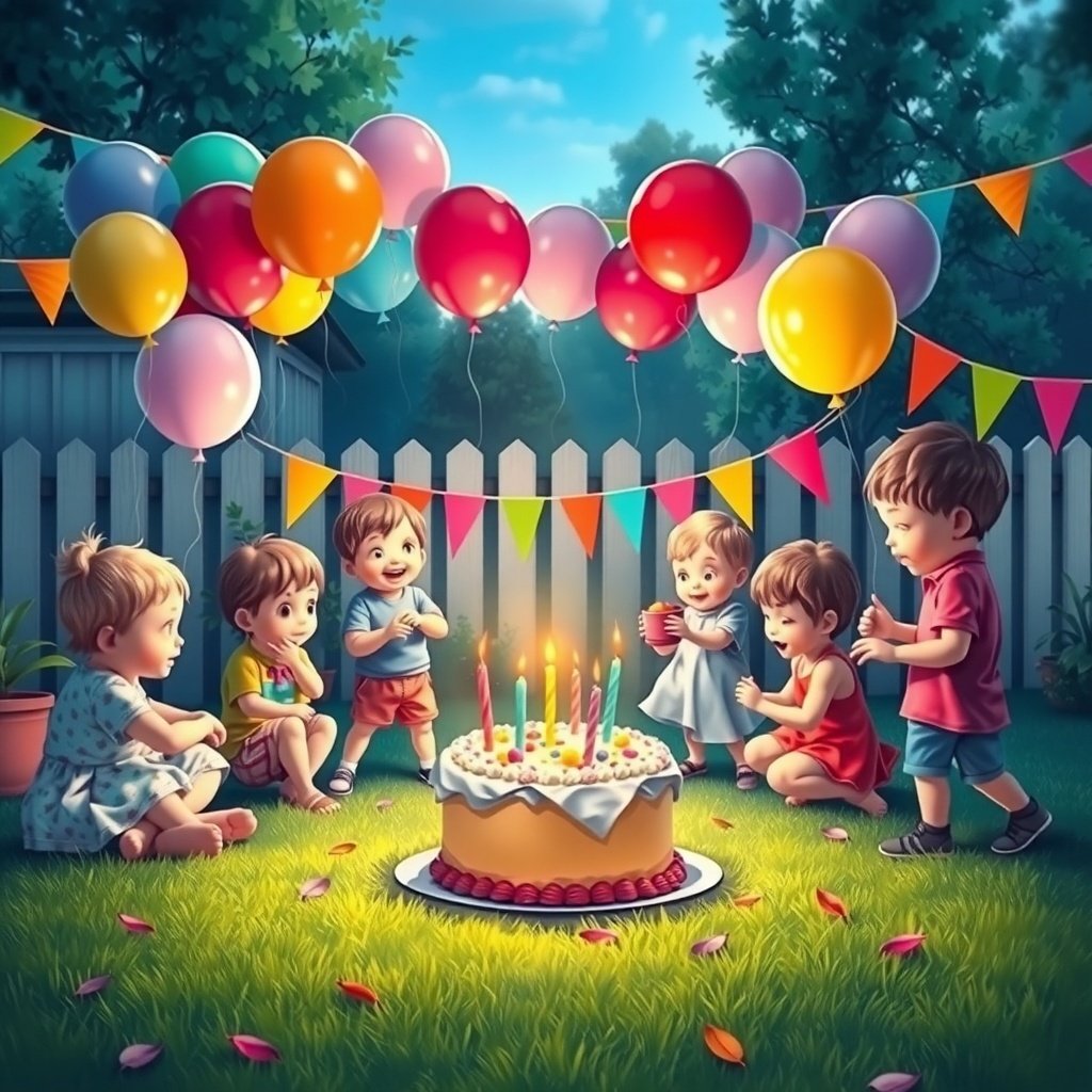 Children celebrating a birthday party with balloons and a cake in a backyard