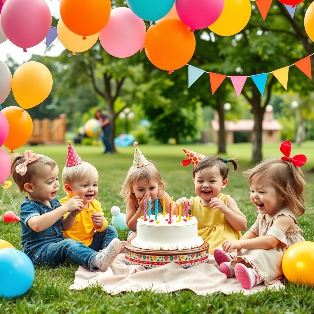 A group of toddlers celebrating a birthday party with a cake, balloons, and colorful decorations.
