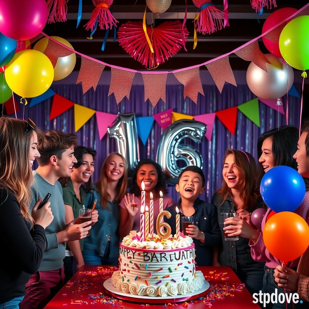 A vibrant 16th birthday party scene with friends gathered around a decorated cake, balloons, and festive decorations.