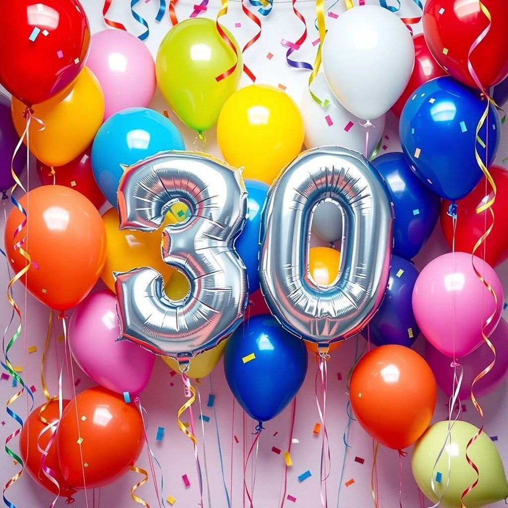 Colorful balloons with silver '30' numbers for a birthday party