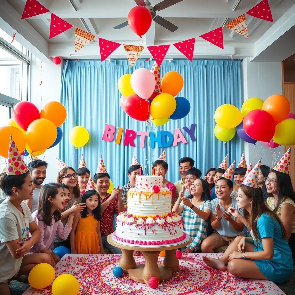 A vibrant birthday party scene with colorful decorations, balloons, and a large cake surrounded by happy guests.