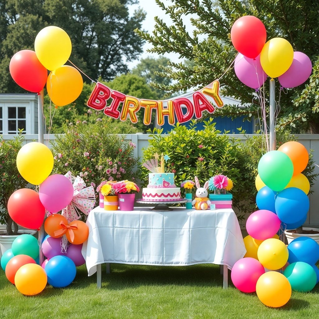 Colorful birthday party setup with balloons, cake, and decorations