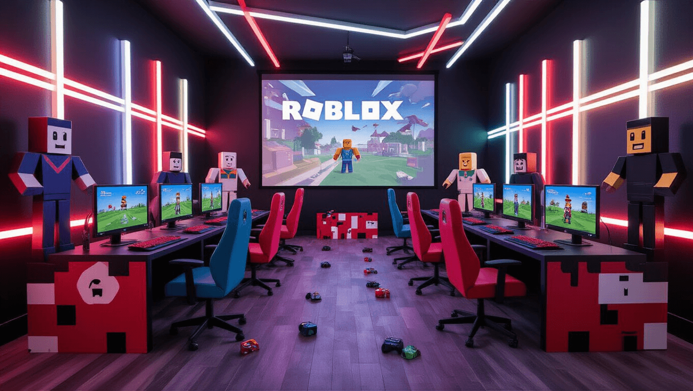 A vibrant indoor gaming party room styled as a Roblox wonderland, featuring multiple gaming stations, LED lighting, life-sized character cutouts, a large projection screen, colorful gaming chairs, a central snack area with a blocky cake, and ambient lighting, captured in ultra HD during golden hour.