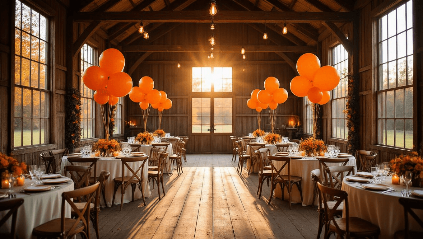 Cinematic wide-angle shot of a rustic barn reception featuring orange balloon centerpieces, ivory silk linens, copper accents, and warm sunlight illuminating the scene, with vintage wooden chairs and decorative elements creating an inviting atmosphere.