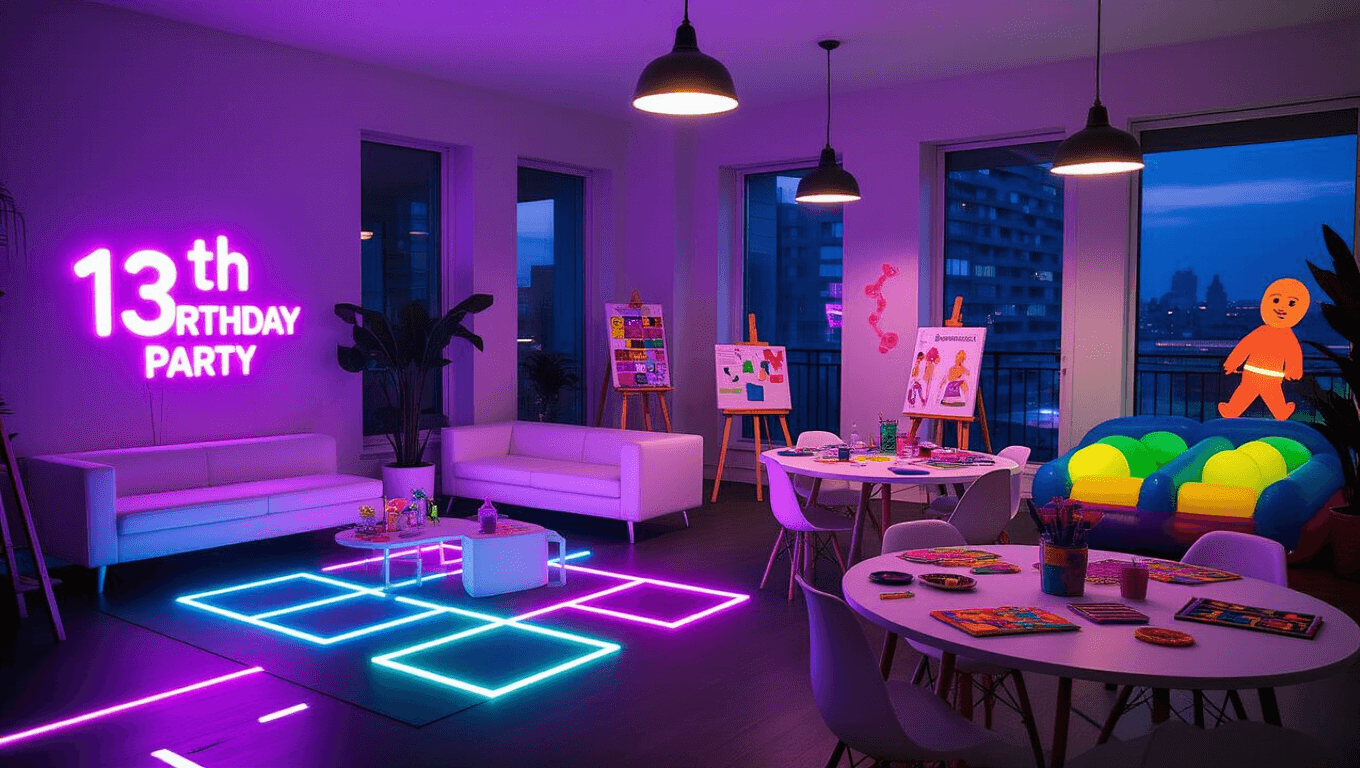 Cinematic wide-angle shot of a stylish modern apartment living room set for a 13th birthday party, featuring a neon glow dance floor, DIY craft station with colorful supplies, and an adventure corner with inflatable game props, all under warm ambient lighting and decorated with plush cushions and elegant cake stands.