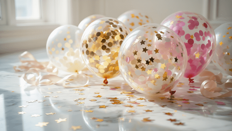Cinematic close-up of transparent latex confetti balloons filled with gold, blush pink, and ivory tissue paper confetti on a polished marble surface, with soft natural lighting and delicate shadows, showcasing shimmering textures and a festive party atmosphere.