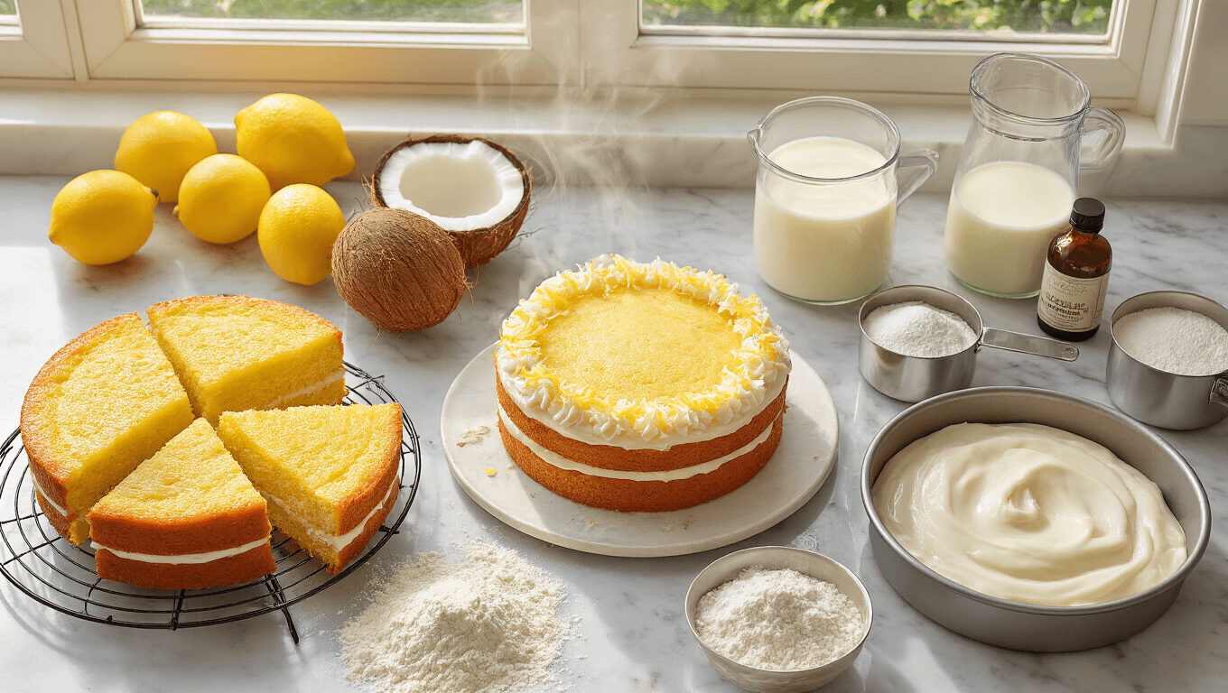 Cinematic overhead shot of a vegan lemon coconut birthday cake preparation on a marble countertop, featuring cooling golden cake layers, fresh lemons, opened coconut, and various baking ingredients, set in warm natural light.