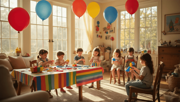A whimsical living room transformed into a magical parade celebration with a DIY puppet-making station, oversized helium balloons, and a cozy reading nook, all bathed in warm, golden sunlight.