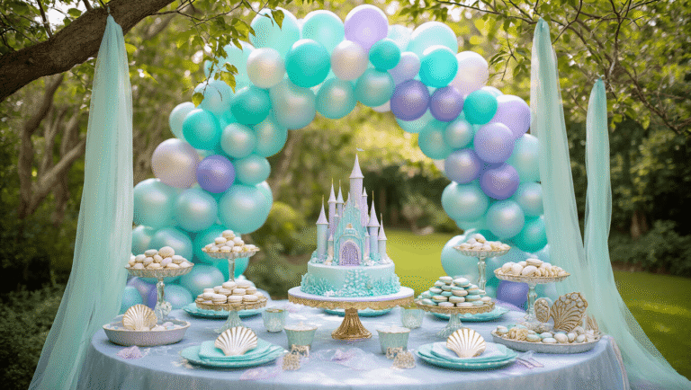 A whimsical outdoor garden party setup featuring an iridescent balloon arch, dessert table with an underwater castle cake, and children in sparkly mermaid costumes amidst rose gold balloons and bubble machines, all captured in soft golden hour lighting.