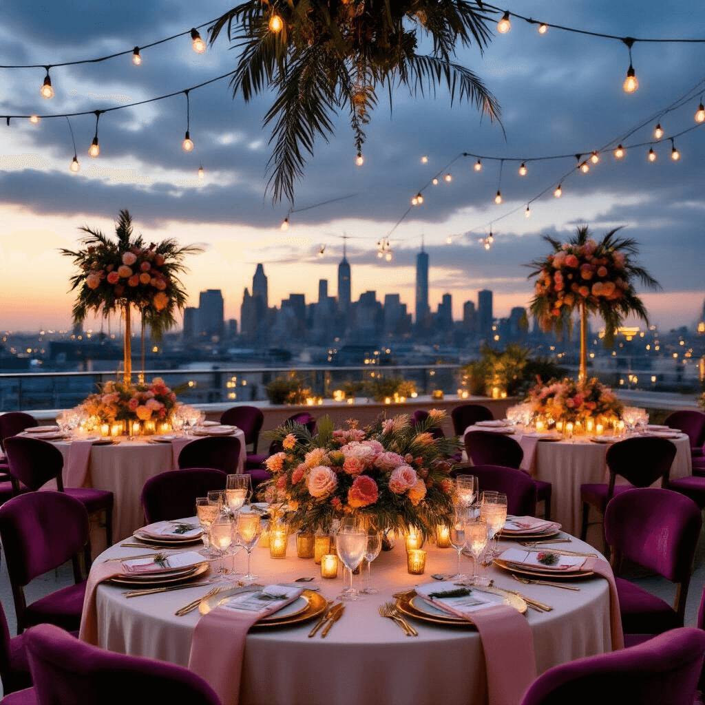 Wild One Birthday Party: The Ultimate Jungle Celebration Guide Elegant rooftop terrace with round tables dressed in blush pink and cream silk, featuring tropical centerpieces and gold-rimmed glassware, illuminated by candlelight under a fairy-lit sky, with velvet seating and marble accents, against a city skyline.