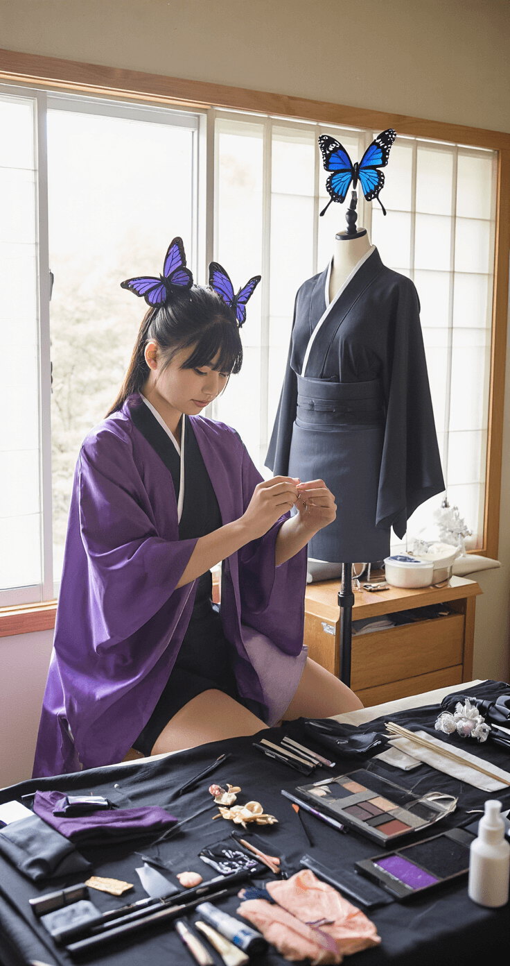 A young woman in a well-organized bedroom adjusts butterfly hair accessories while wearing a gradient purple haori over a black fitted uniform, surrounded by styling elements like hair clips and makeup supplies, all illuminated by warm natural light.