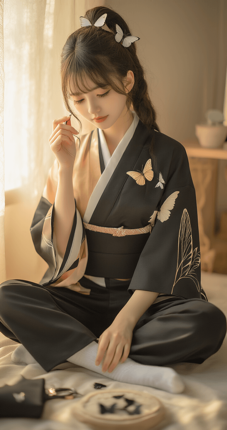 A cozy bedroom corner featuring a young woman sitting cross-legged, styling butterfly hair accessories in her ombre ponytail. She wears a gradient haori with wing patterns, black uniform pieces, and white socks. The scene highlights her detailed preparation process, with costume elements and styling tools nearby, illuminated by soft ambient lighting that accentuates the textures of the fabrics.