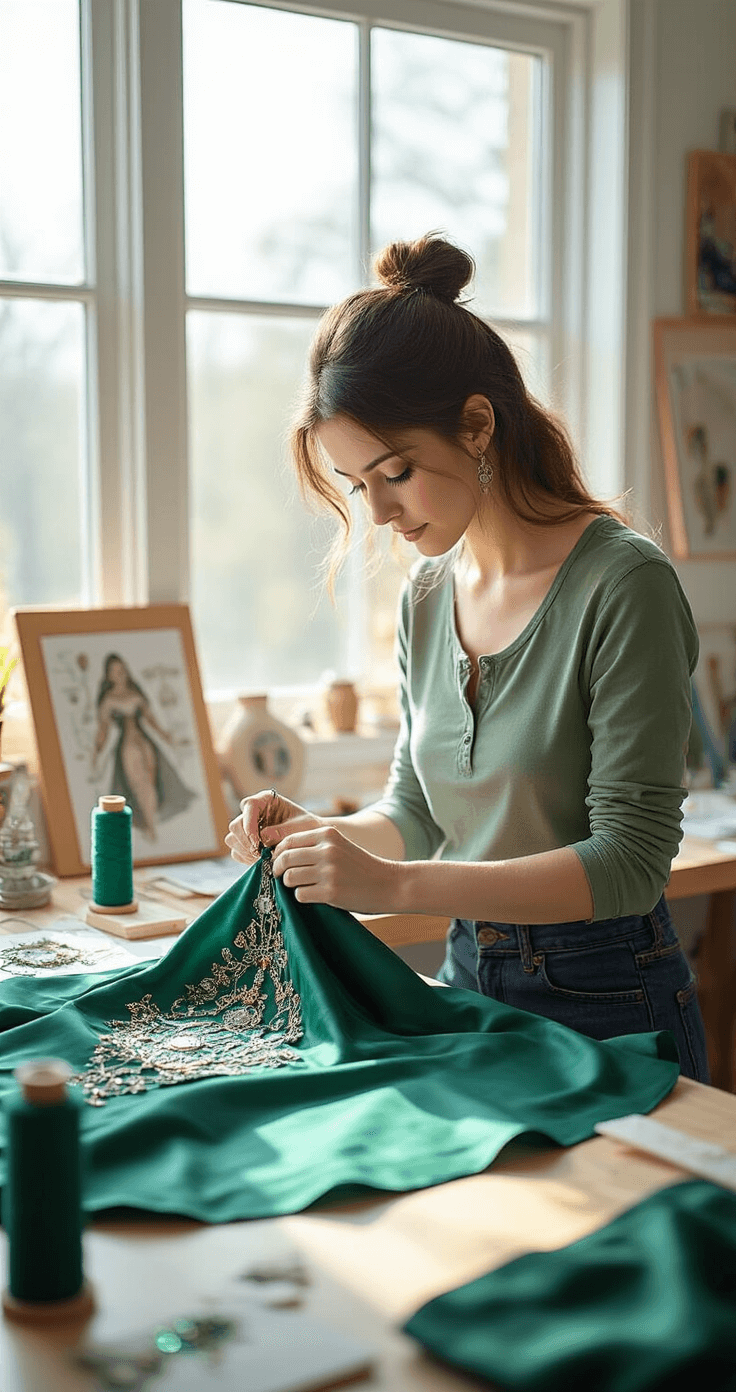 The Best Cosplay Examples in 2025: What Makes These Costumes Stand Out A cosplayer in a bright craft room, wearing a sage green henley and dark jeans, focuses on hand-sewing beadwork onto emerald silk. The workspace is organized with professional sewing equipment, metallic thread spools, pinned pattern pieces, and reference artwork, all illuminated by natural midday sunlight.