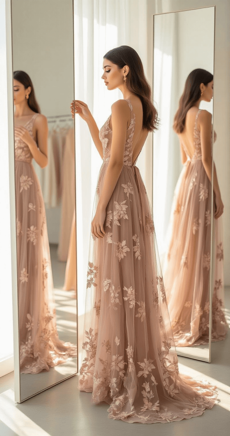 How to Style a Floral Embroidered Maxi with Sheer Overlay Like a Fashion Pro Elegant woman in a minimalist boutique dressing room tries on a dusty rose floral embroidered maxi dress with sheer tulle overlay, examining the fit in a full-length mirror as natural light highlights the intricate details.