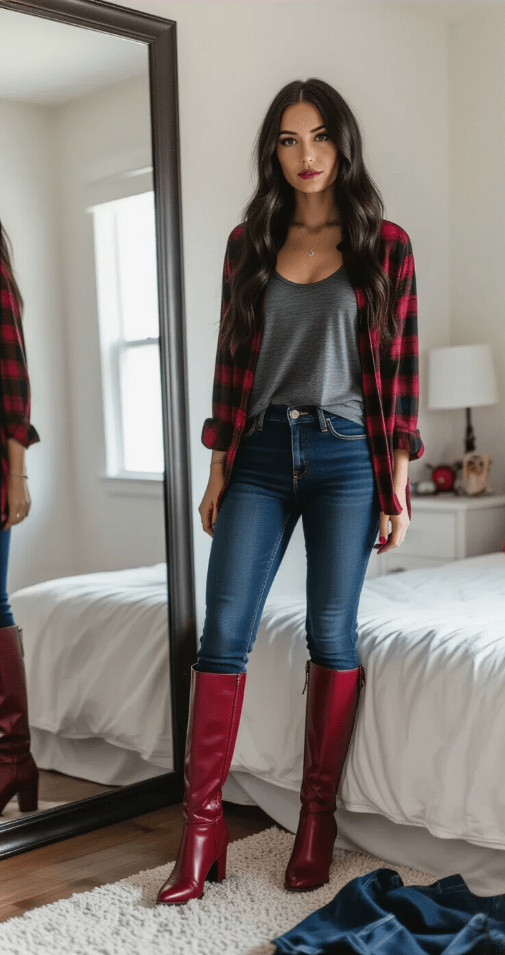 A stylish woman in a minimalist bedroom, dressed in a Marceline-inspired outfit with a charcoal gray tank top, burgundy plaid flannel, deep blue skinny jeans, and striking red knee-high leather boots, poses confidently near a full-length mirror during golden hour. Long black hair cascades over her shoulders, with soft textures of leather, denim, and flannel evident. Clothes are laid across a white bedspread, and vampire fang accessories adorn the nightstand, capturing a rock-star aesthetic.