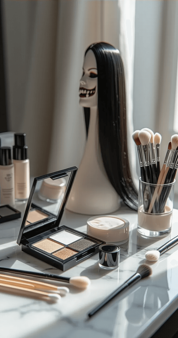 Close-up of a chic urban apartment vanity, featuring pale makeup application with white face paint and foundation, dark kohl eyeliner, and vampire fangs on a marble surface. Artistically arranged cotton swabs, makeup brushes, and neutral-colored cosmetics, with a long black synthetic wig on a stylish stand nearby. Soft morning light creates an intimate atmosphere with gentle shadows, emphasizing the textures of the makeup products in a cool gray, soft white, and deep black color palette.