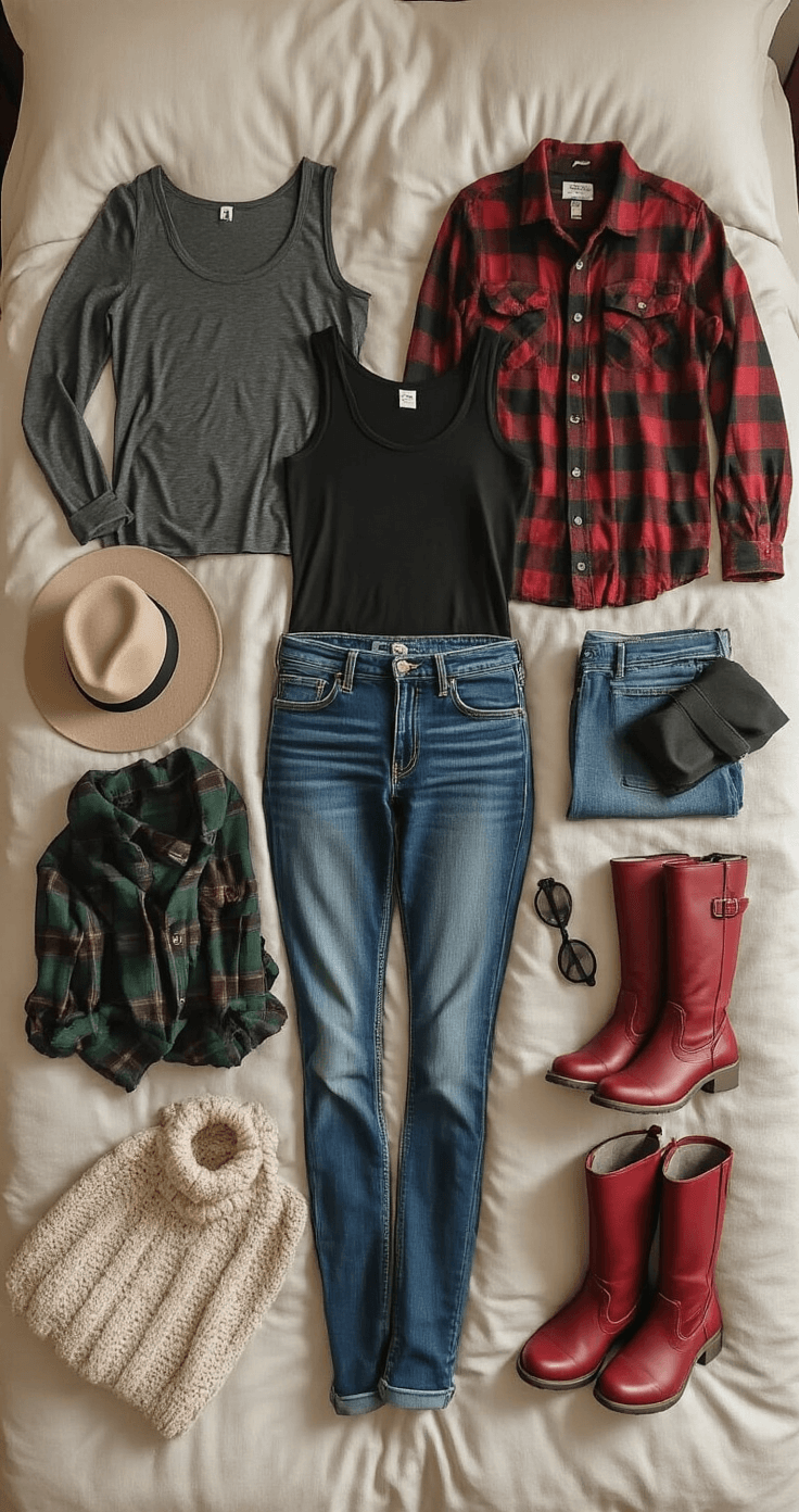 A cozy, stylish bedroom walk-in closet illuminated by soft afternoon light showcases a variety of clothing and accessories spread across a neutral linen bedspread, including charcoal tank tops, blue jeans, plaid flannel shirts in burgundy and forest green, red boots, and black accessories, all arranged to inspire outfit planning for cosplay.