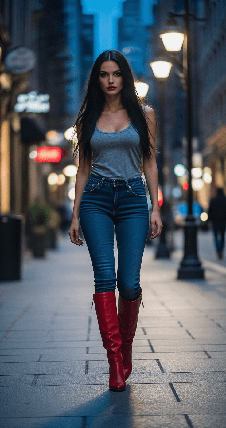 A confident woman walks down a chic city sidewalk at dusk, embodying Marceline's vampire queen energy with long black hair, a gray tank top, blue skinny jeans, and red knee-high boots. The scene features moody lighting, dramatic shadows, and a deep color palette of blues, grays, and bold reds, showcasing her stylish street fashion against an urban backdrop.