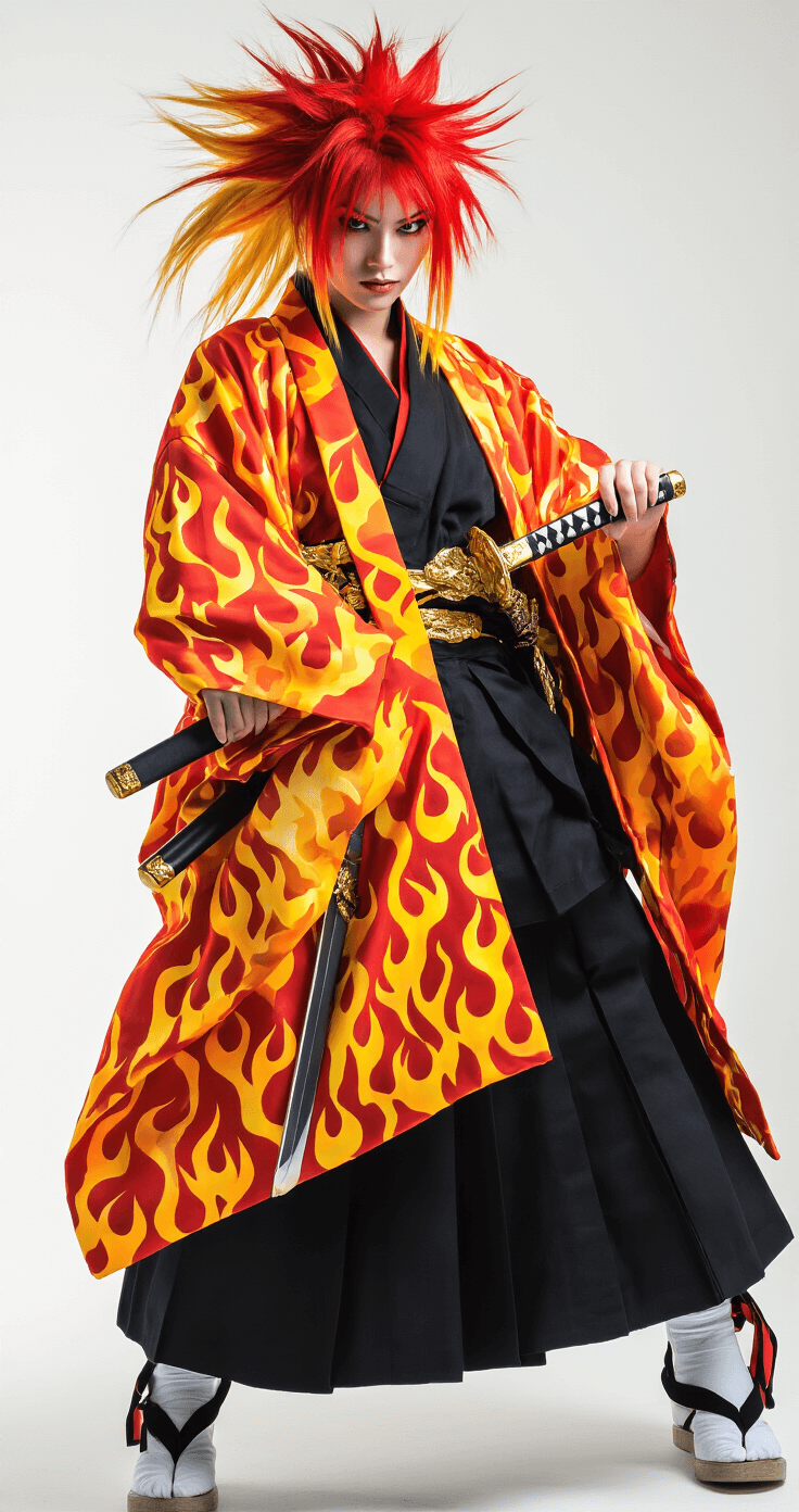 Master Your Demon Slayer Cosplay: Easy Tips for Anime Fashion Success A model wearing a flame-patterned haori over a black uniform stands in a fashion studio, showcasing vibrant colors under professional lighting. The outfit features a fiery red-yellow gradient, complemented by golden accessories and a spiky blonde-red wig. A metallic sword prop adds to the dramatic energy, captured from a low angle to emphasize confidence and power.