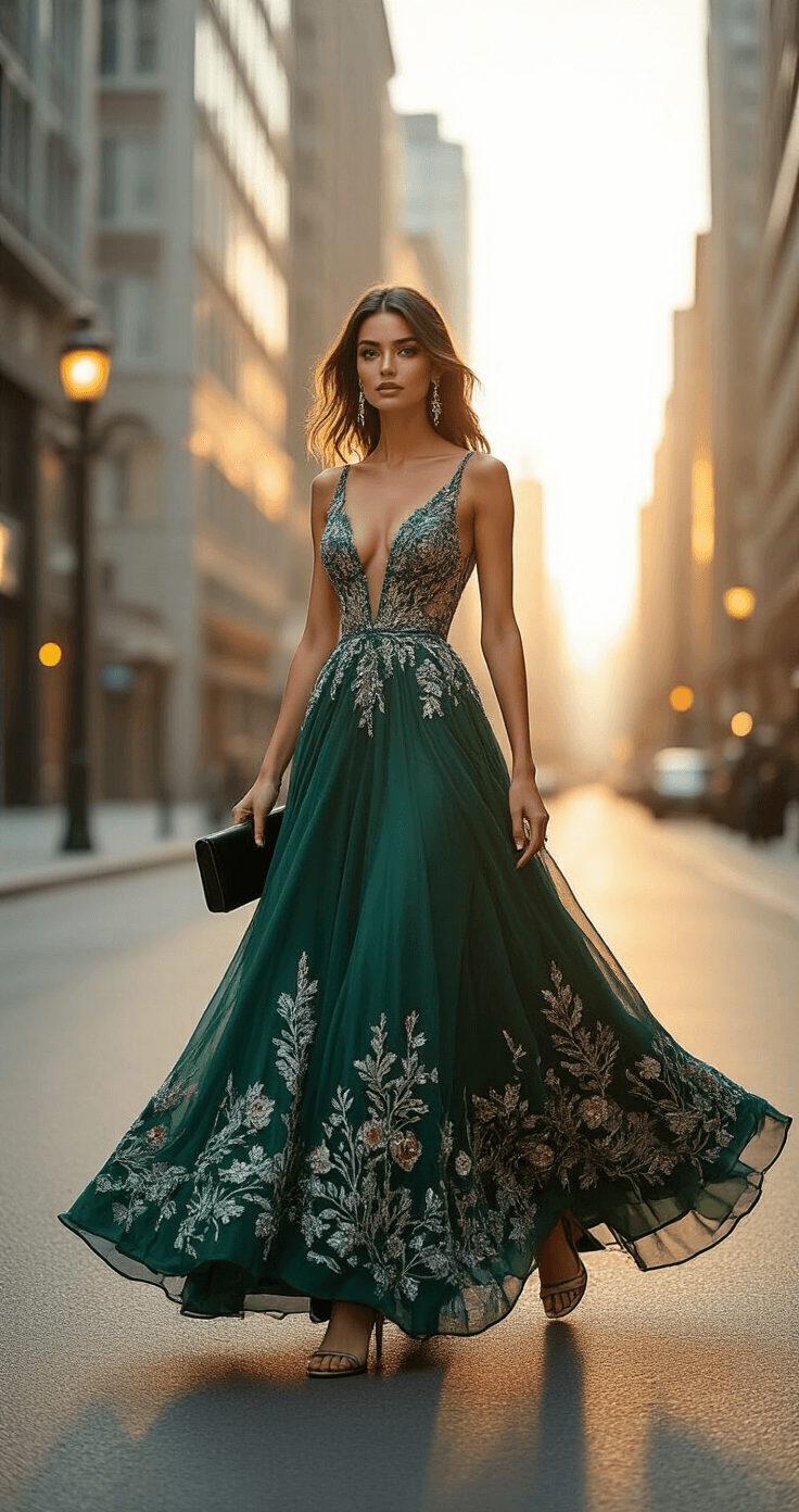 How to Style a Floral Embroidered Gown Like a Fashion Pro A confident woman in a floor-length emerald gown with silver and gold botanical embroidery walks elegantly at a city street corner during golden hour, carrying a black clutch and wearing nude strappy heels, as warm sunlight highlights the intricate beadwork and floral details of her dress against a backdrop of modern buildings.