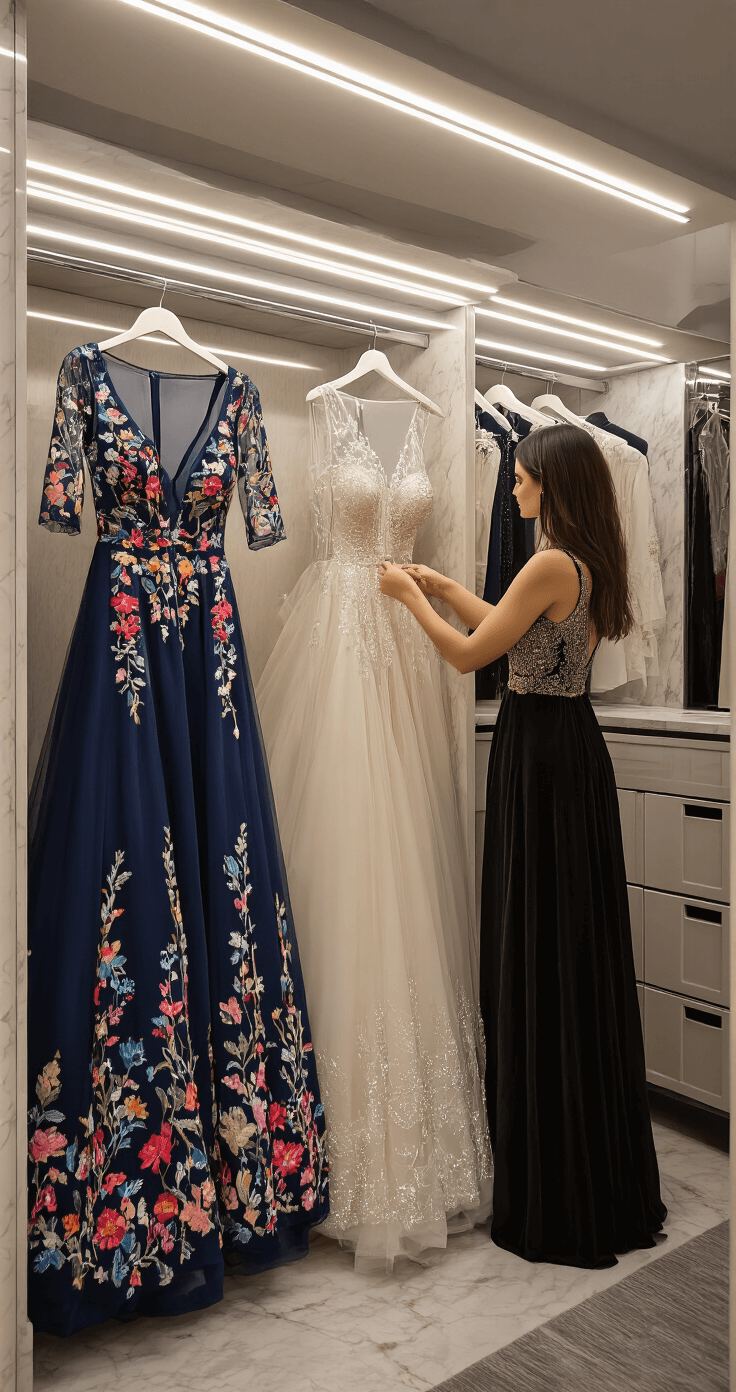 How to Style a Floral Embroidered Gown Like a Fashion Pro A modern walk-in closet featuring LED strip lighting and floor-to-ceiling mirrors, showcasing a woman arranging three embroidered gowns on padded hangers, with a jewelry organizer nearby and luxurious marble shelving and velvet-lined drawers.