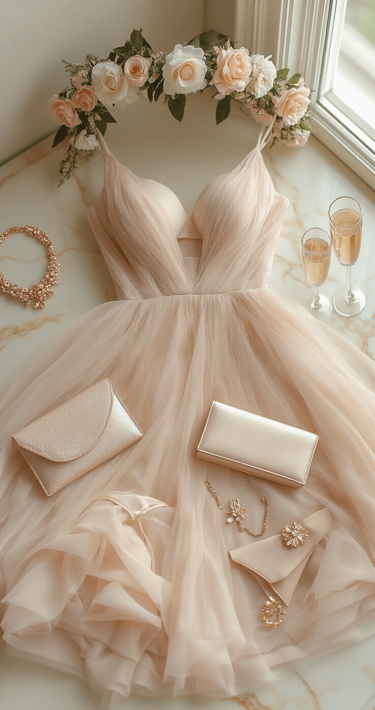 How to Style and Photograph the Perfect Romantic Blush Tulle Dress Close-up flat lay of a blush tulle dress arranged with rose gold jewelry, a nude clutch, a delicate flower crown, and seamless undergarments on a cream marble surface, accented by champagne and ivory accessories, all illuminated by soft natural light.