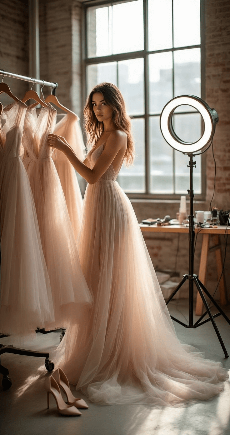How to Style and Photograph the Perfect Romantic Blush Tulle Dress A model in a chic urban loft prepares a blush tulle dress on a garment rack, surrounded by styling tools like a ring light and nude heels, with soft afternoon light illuminating the delicate layers of the dress.