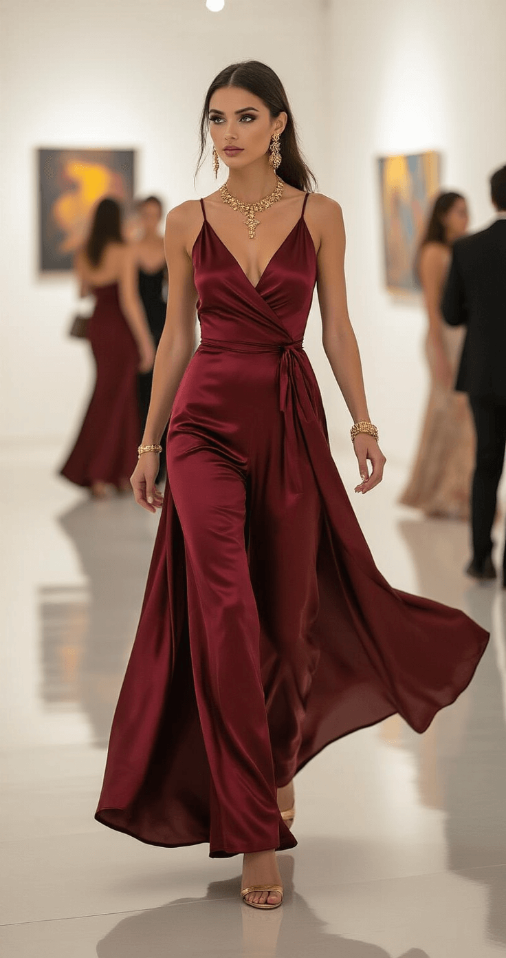 Wrap Jumpsuit in Satin: Style Guide & Essentials A woman in a burgundy satin wrap jumpsuit with gold jewelry moves gracefully at an upscale gallery opening, with elegantly dressed guests blurred in the background and dramatic evening lighting enhancing her silhouette.