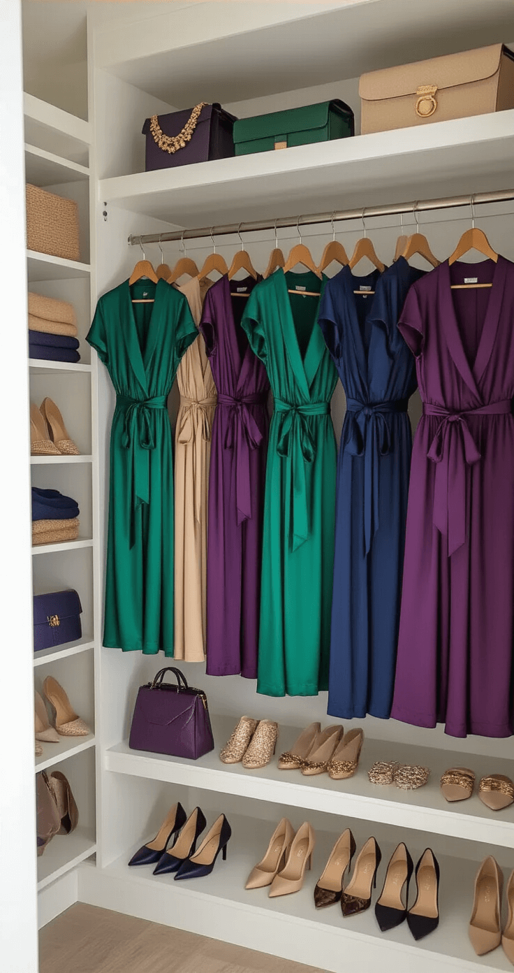 Wrap Jumpsuit in Satin: Style Guide & Essentials A woman selects between satin wrap jumpsuits in emerald, navy, and deep purple in a chic walk-in closet illuminated by bright afternoon light, showcasing organized accessories, shoes, and jewelry.