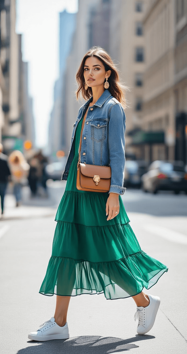 Why I'm Obsessed with Tiered Chiffon Midi Dresses (And You Should Be Too) Chic urban street corner scene featuring a woman in an emerald tiered chiffon midi dress with a denim jacket and white sneakers, accessorized with statement gold earrings and a leather crossbody bag, captured in natural midday light against a modern city backdrop.