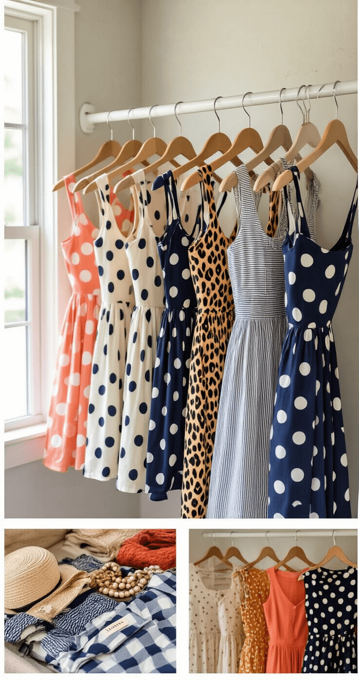 Vintage-Inspired Swing Dresses: The Ultimate Bright boutique fitting room featuring a variety of swing dresses in polka dots, leopard prints, and solid colors, with coordinating accessories displayed below; natural window lighting emphasizes the textures of cotton, ponte, and silk-blend fabrics in a diverse color palette.