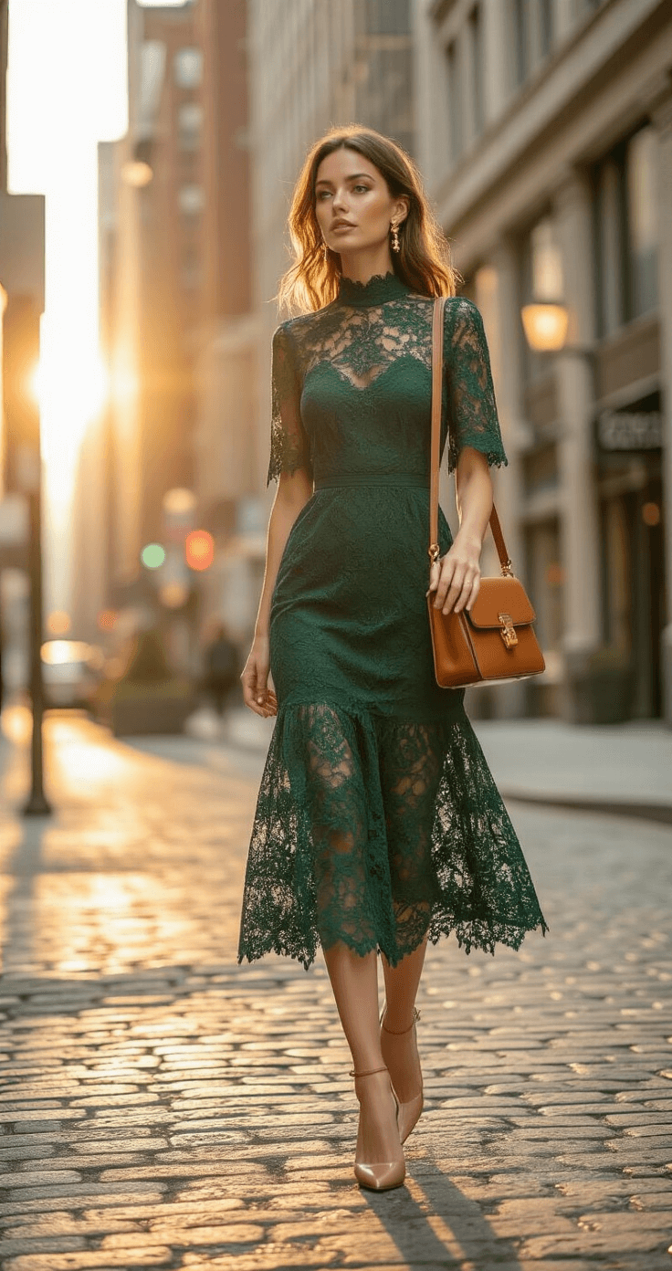 The High-Neck Lace Midi Dress: Your Secret Weapon for Effortless Elegance Woman in an emerald green lace midi dress walks confidently down a chic urban street, carrying a cognac brown leather crossbody bag. Warm afternoon sunlight highlights the intricate lace details and her minimal gold drop earrings as she strides over cobblestones in nude block heels.