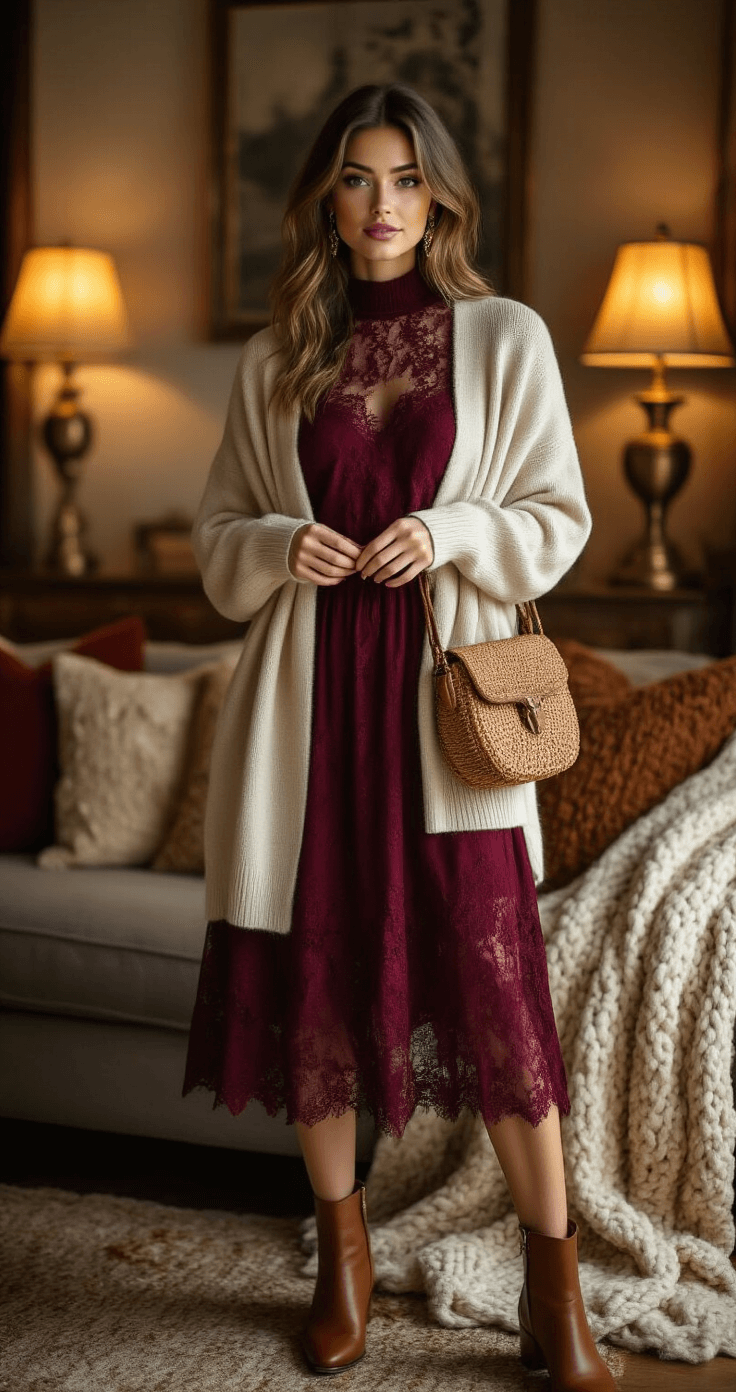 The High-Neck Lace Midi Dress: Your Secret Weapon for Effortless Elegance A woman in a cozy living room tries on a burgundy high-neck lace midi dress layered with a cream cashmere cardigan, accessorized with cognac ankle boots and a woven crossbody bag, amid warm lighting and autumn decor.