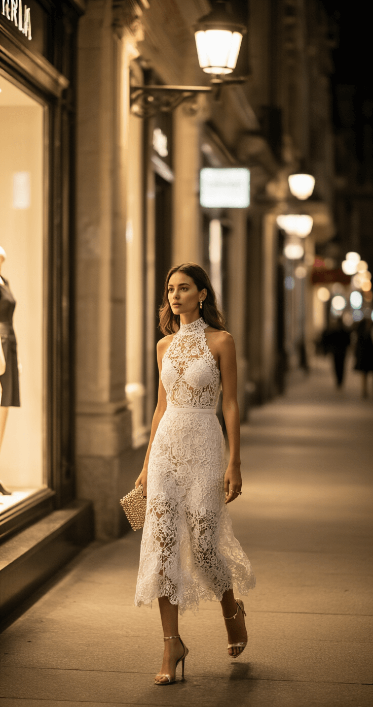 The High-Neck Lace Midi Dress: Your Secret Weapon for Effortless Elegance A woman in a white lace high-neck midi dress walks confidently past boutique storefronts under warm evening streetlights, highlighting her elegant strappy heels and beaded clutch, with shadows creating a dramatic urban scene.