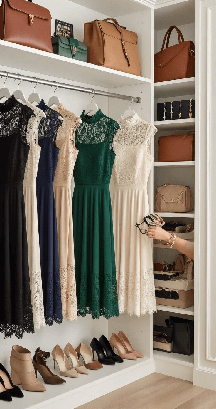 The High-Neck Lace Midi Dress: Your Secret Weapon for Effortless Elegance A well-organized walk-in closet filled with soft natural light, showcasing high-neck lace midi dresses in black, navy, emerald, and cream. A woman selects accessories from neatly arranged jewelry trays, leather handbags, and heels, surrounded by luxurious textures like wool cardigans and silk scarves, reflecting her styling process.