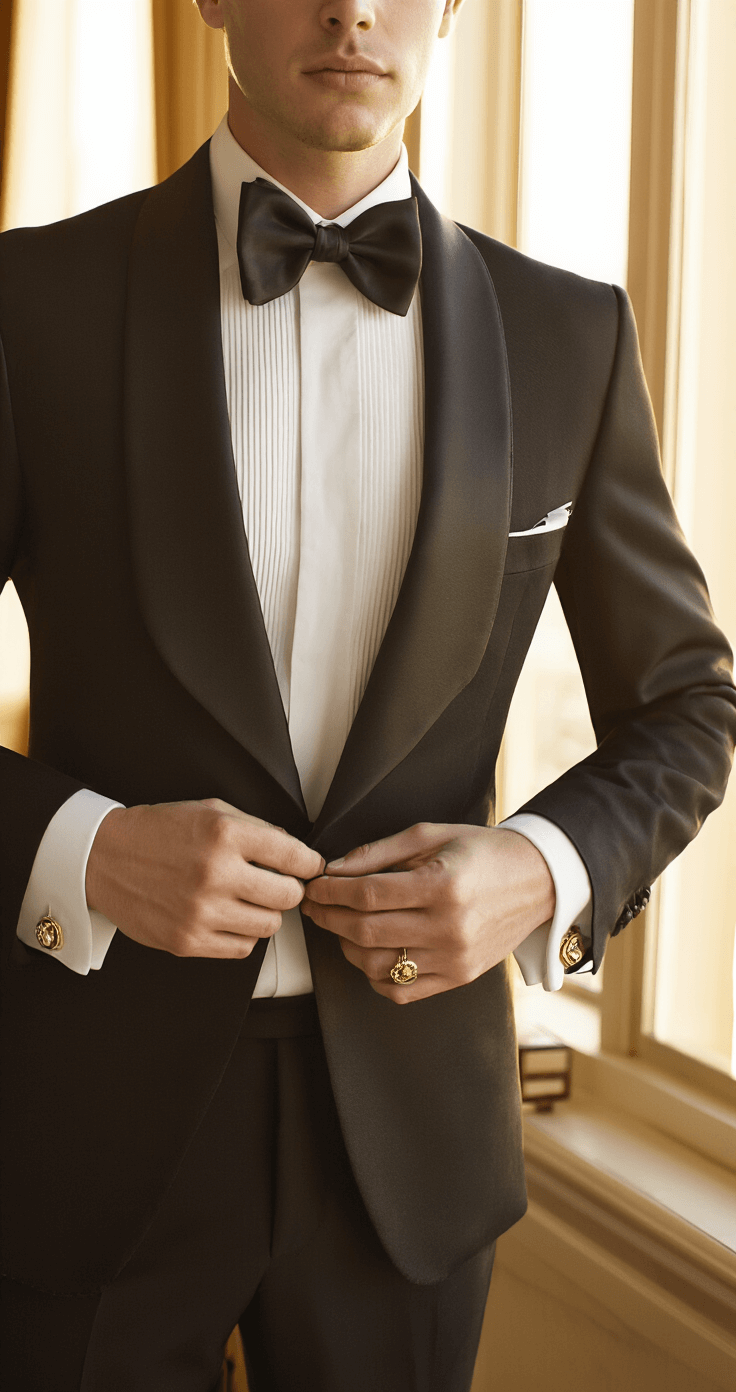 Master the Classic Tuxedo with Bow Tie Look That Never Goes Out of Style Elegant woman in a luxurious hotel suite adjusts her black silk bow tie, wearing a tailored tuxedo jacket and white dress shirt, with vintage cufflinks gleaming in the golden hour light streaming through tall windows.